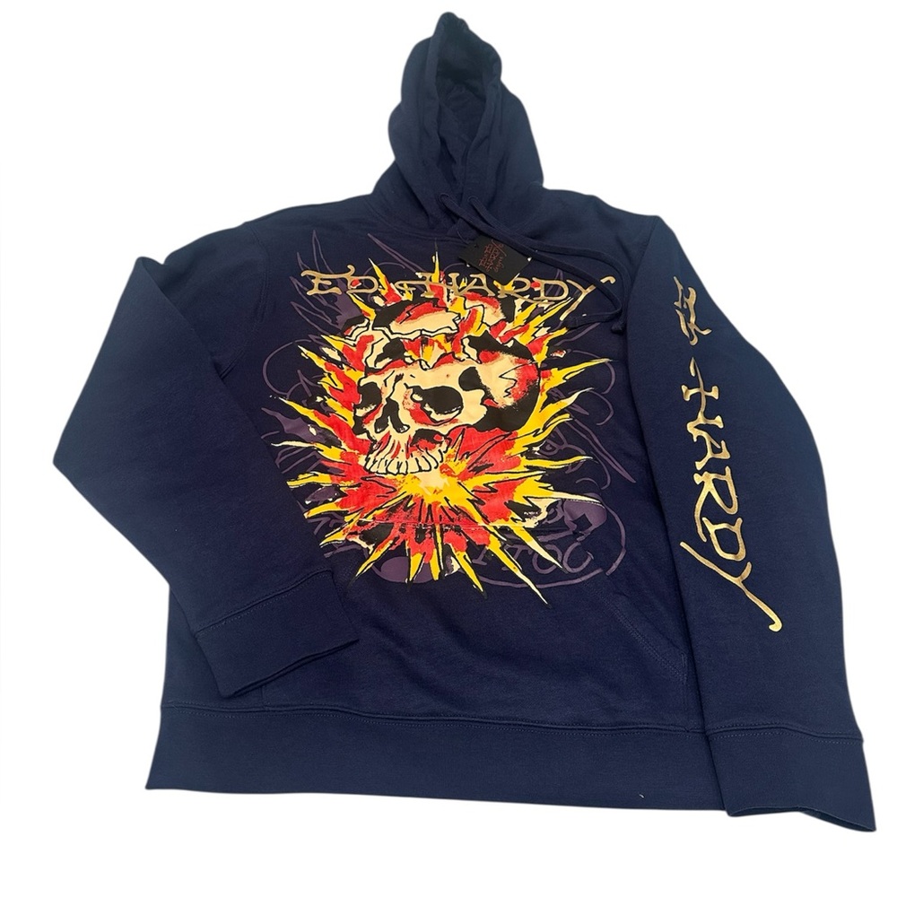 Ed Hardy Men’s Fleece Hoodie Exploding Skull Blueberry Color‎ Size M NWT